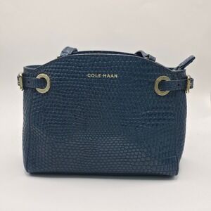 Cole Haan Navy Blue Embossed Leather Top Handle Satchel Bag Gold Hardware